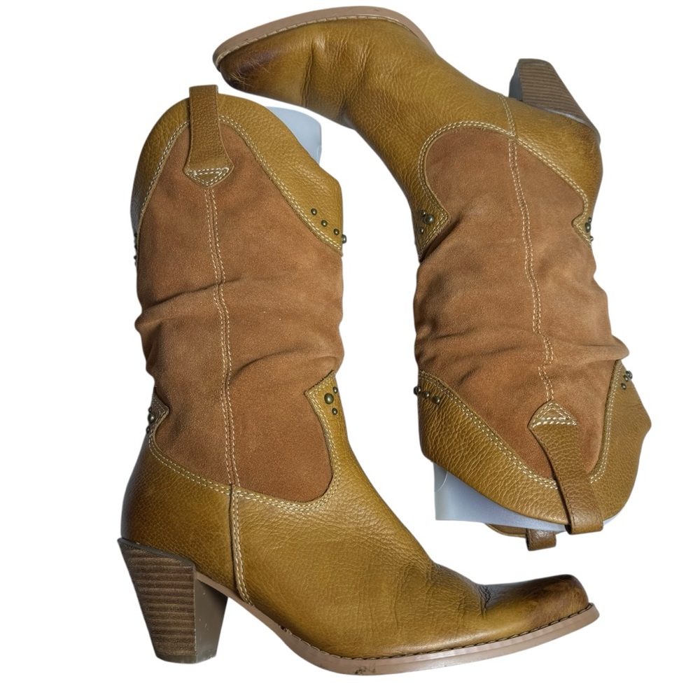 Bass Caspian Suede & Leather Slouch Cowboy Boots | Brown/Tan | 6.5M EUC - Picture 4 of 10